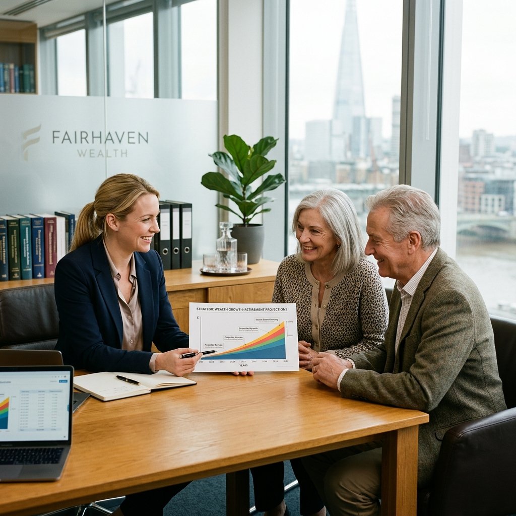 Friendly female financial advisor reviewing retirement and life plans with a smiling mature couple